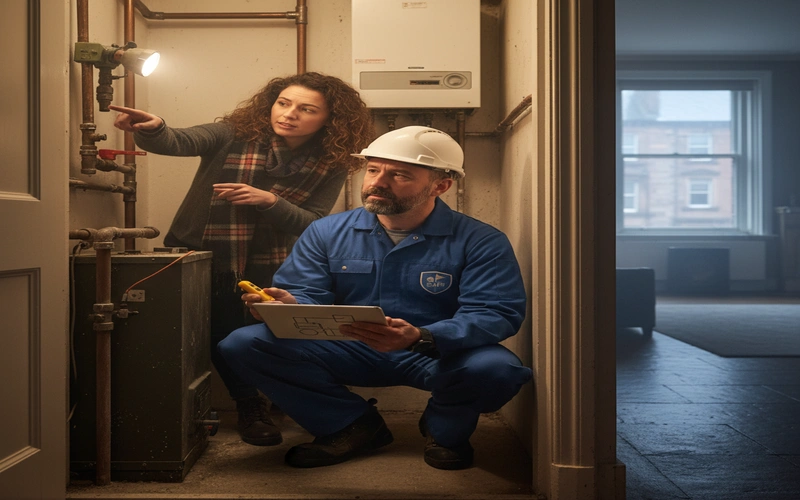 Gas Safe engineer conducting property survey for combi system or electric boiler installation in Glasgow