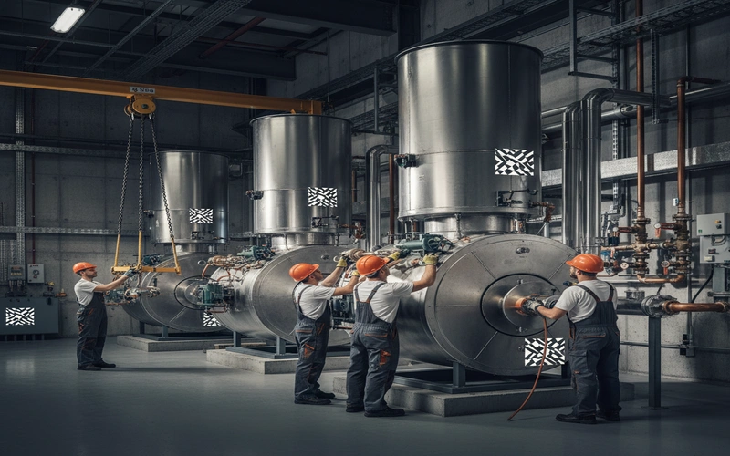 Professional commercial boiler installation in Glasgow casino hotel mechanical room with multiple units