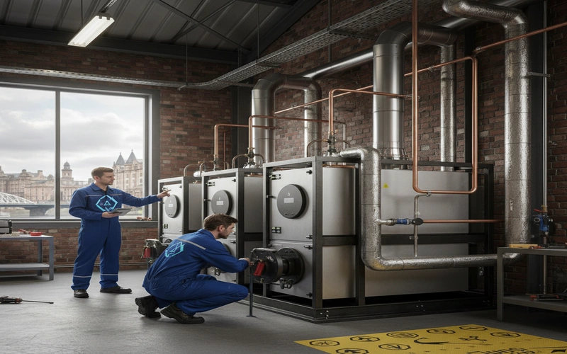 Gas Safe registered engineer installing commercial cascade boiler system in Glasgow venue