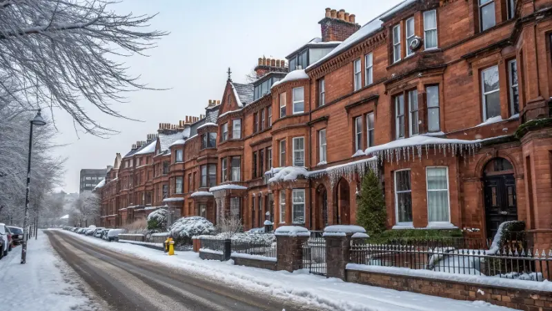 Rowhouses in Glasgow on a cold, overcast winter morning