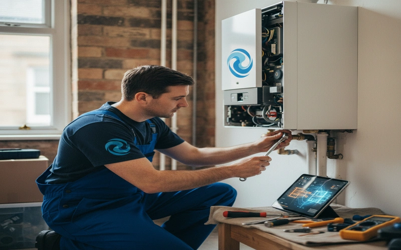 Engineer servicing modern condensing boiler in Glasgow property