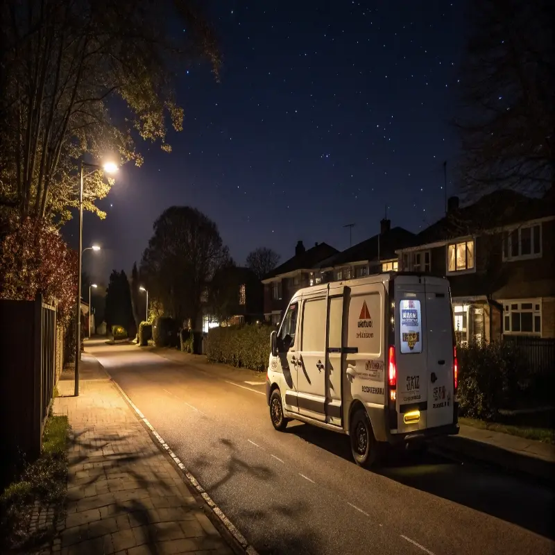 Emergency heating service van in a Glasgow street at night
