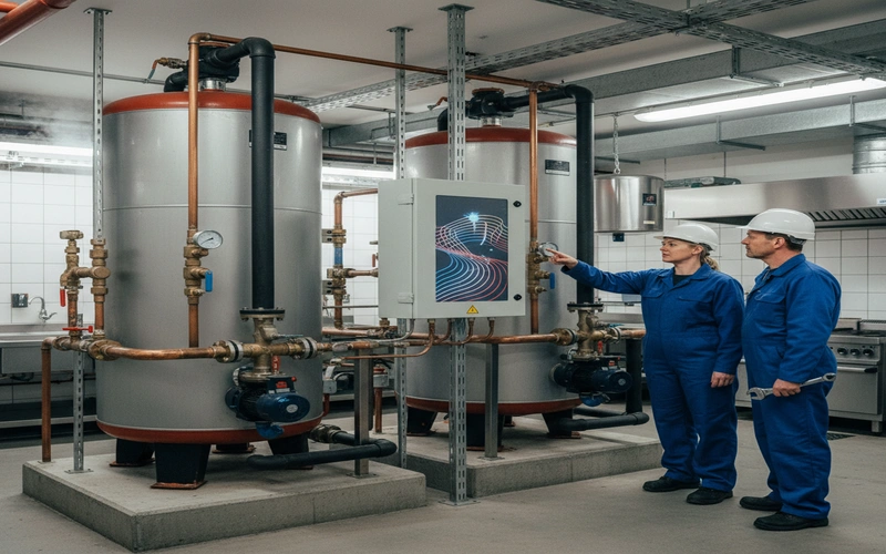 Dual hot water cylinder installation with redundancy for Glasgow casino commercial kitchen